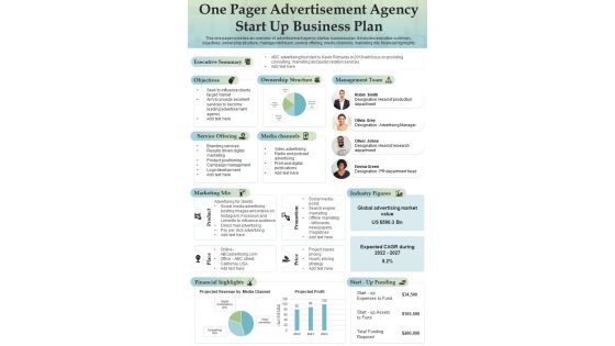 One Pager Advertisement Agency Start Up Business Plan Presentation Report Infographic PPT PDF Document