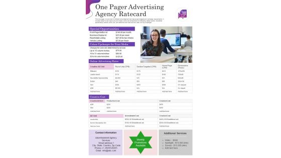 One Pager Advertising Agency Ratecard Presentation Report Infographic PPT PDF Document
