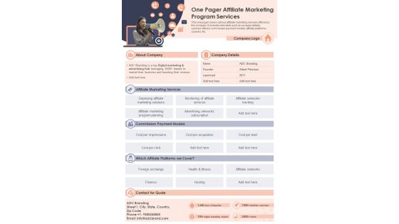 One Pager Affiliate Marketing Program Services Presentation Report Infographic PPT PDF Document