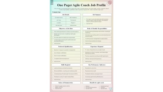 One Pager Agile Coach Job Profile Presentation Report Infographic Ppt Pdf Document