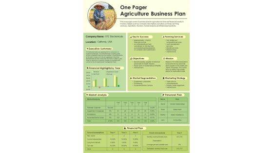 One Pager Agriculture Business Plan Presentation Report Infographic PPT PDF Document