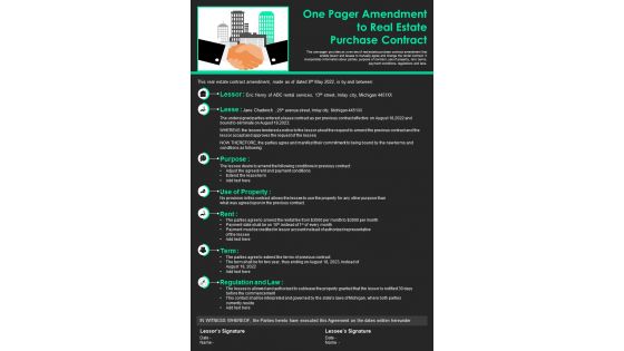 One Pager Amendment To Real Estate Purchase Contract Presentation Infographic PPT PDF Document