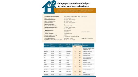 One Pager Annual Rent Ledger Form For Real Estate Business Presentation Infographic Ppt Pdf Document