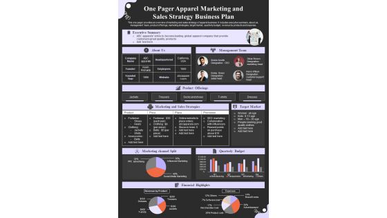 One Pager Apparel Marketing And Sales Strategy Business Plan Presentation PPT PDF Document