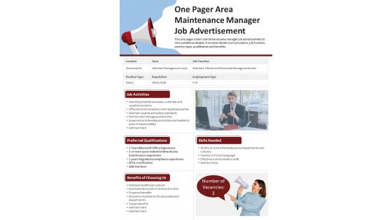 One Pager Area Maintenance Manager Job Advertisement Presentation Report Infographic PPT PDF Document