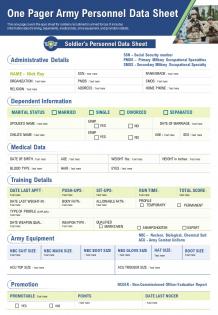One pager army personnel data sheet presentation report infographic ppt pdf document