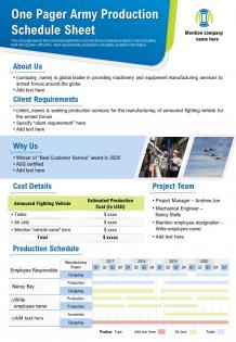 One pager army production schedule sheet presentation report infographic ppt pdf document
