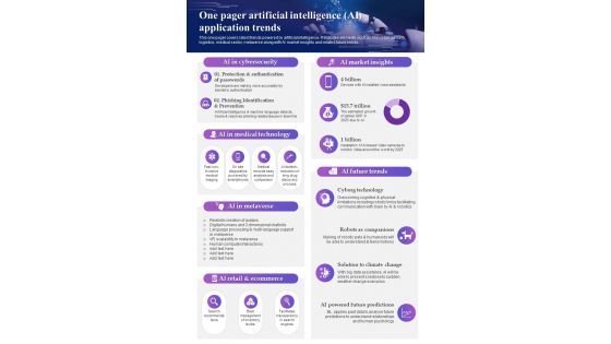 One Pager Artificial Intelligence AI Application Trends Presentation Report Infographic Ppt Pdf Document