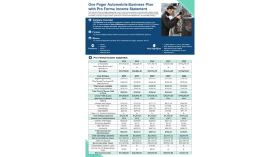 One Pager Automobile Business Plan With Pro Forma Income Statement Presentation Infographic PPT PDF Document