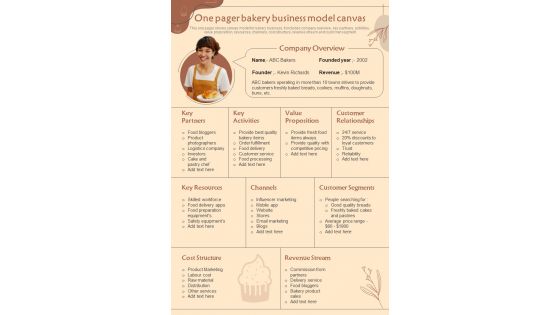 One Pager Bakery Business Model Canvas Presentation Report Infographic Ppt Pdf Document