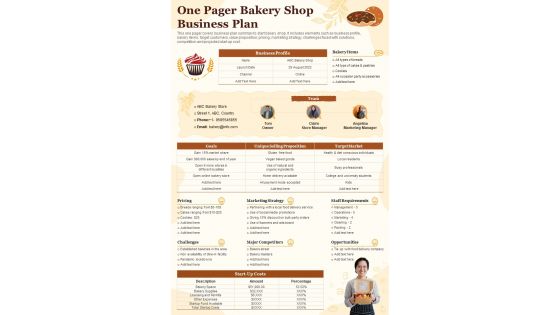 One Pager Bakery Shop Business Plan Presentation Report Infographic PPT PDF Document