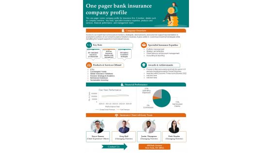 One Pager Bank Insurance Company Profile Presentation Report Infographic PPT PDF Document