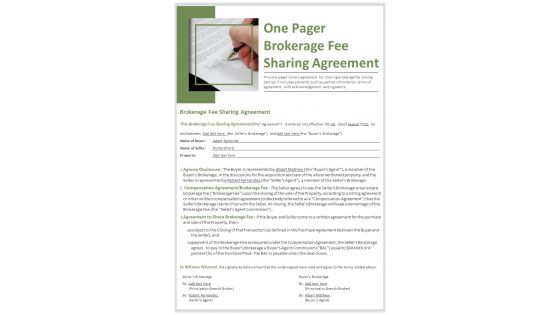 One Pager Brokerage Fee Sharing Agreement Presentation Report Infographic PPT PDF Document