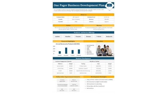 One Pager Business Development Plan Presentation Report Infographic Ppt Pdf Document