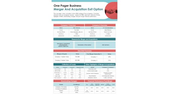 One Pager Business Merger And Acquisition Exit Option Presentation Report Infographic PPT PDF Document