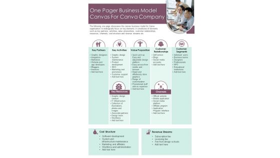 One Pager Business Model Canvas For Canva Company Presentation Report Infographic PPT PDF Document