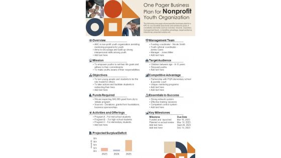 One Pager Business Plan For Nonprofit Youth Organization Presentation Report Infographic Ppt Pdf Document