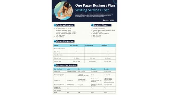 One Pager Business Plan Writing Services Cost Presentation Report Infographic PPT PDF Document