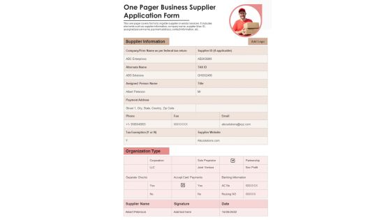 One Pager Business Supplier Application Form Presentation Report Infographic PPT PDF Document