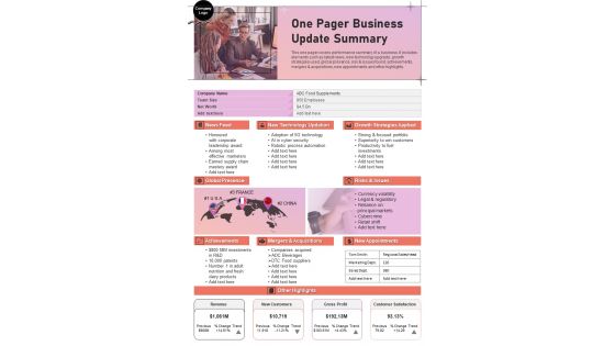 One pager business update summary presentation report infographic PPT PDF document