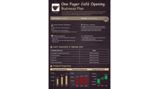 One Pager Cafe Opening Business Plan Presentation Report Infographic PPT PDF Document