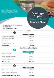 One pager capital projects fund balance sheet presentation report infographic ppt pdf document