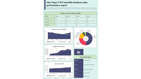 One Pager CEO Monthly Report Presentation Infographic PPT PDF Document