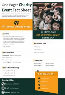 One pager charity event fact sheet presentation report infographic ppt pdf document