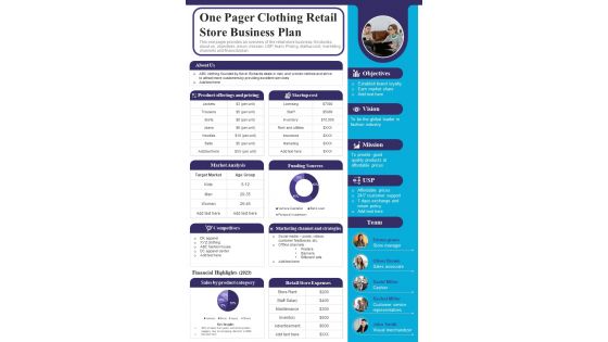 One Pager Clothing Retail Store Business Plan Profile Presentation Report Infographic Ppt Pdf Document