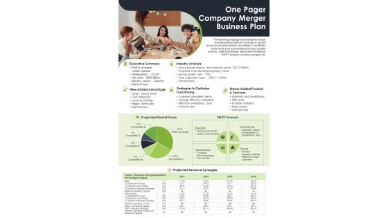 One Pager Company Merger Business Plan Presentation Report Infographic Ppt Pdf Document