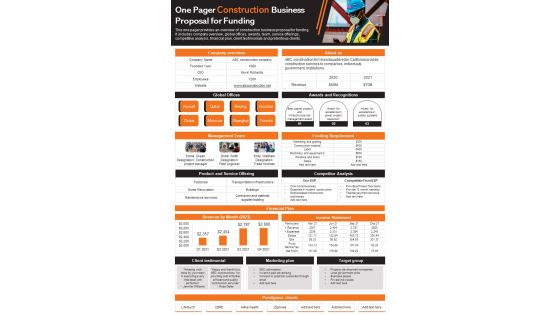 One Pager Construction Business Proposal For Funding Presentation Report Infographic Ppt Pdf Document