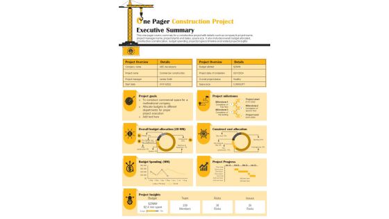 One Pager Construction Project Executive Summary Presentation Report Infographic Ppt Pdf Document