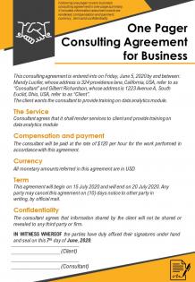 One pager consulting agreement for business presentation report infographic ppt pdf document