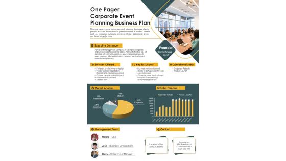 One Pager Corporate Event Planning Business Plan Presentation Report Infographic PPT PDF Document