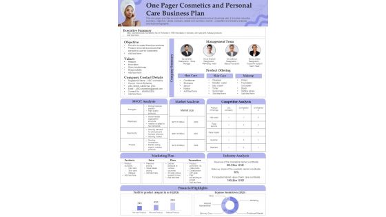 One Pager Cosmetics And Personal Care Business Plan Presentation Report Infographic PPT PDF Document