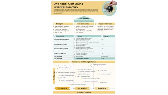 One Pager Cost Saving Initiatives Summary Presentation Report Infographic Ppt Pdf Document
