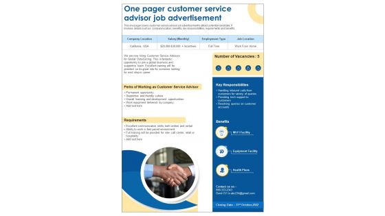One Pager Customer Service Advisor Job Advertisement Presentation Report Infographic PPT PDF Document