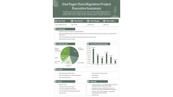 One Pager Data Migration Project Executive Summary Presentation Report Infographic Ppt Pdf Document