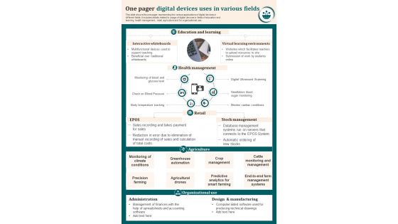 One Pager Digital Devices Uses Presentation Report Infographic Ppt Pdf Document