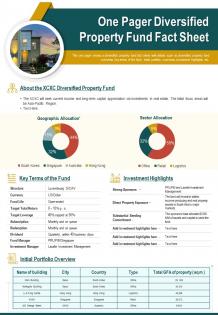 One pager diversified property fund fact sheet presentation report infographic ppt pdf document