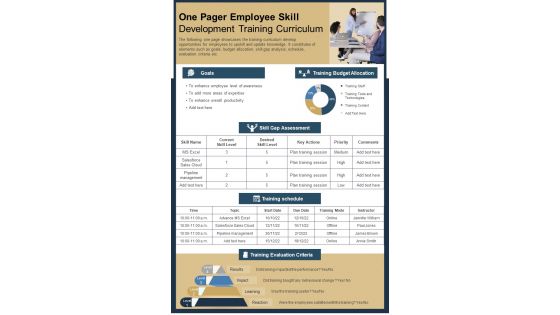 One Pager Employee Skill Development Training Curriculum Presentation Report Infographic Ppt Pdf Document