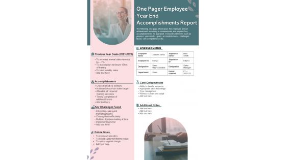One Pager Employee Year End Accomplishments Report Presentation Infographic PPT PDF Document
