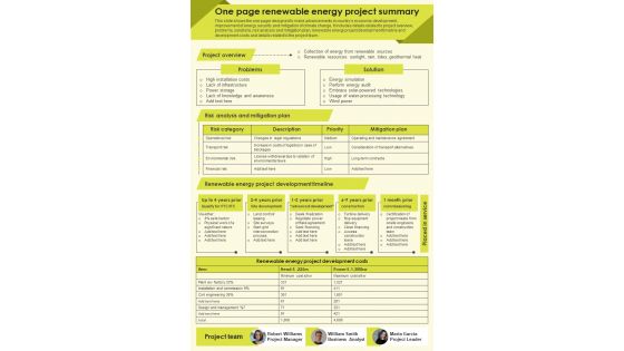 One Pager Energy Project Presentation Report Infographic PPT PDF Document