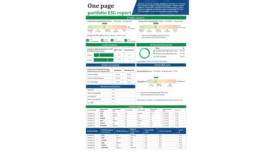 One Pager ESG Report Presentation Report Infographic Ppt Pdf Document