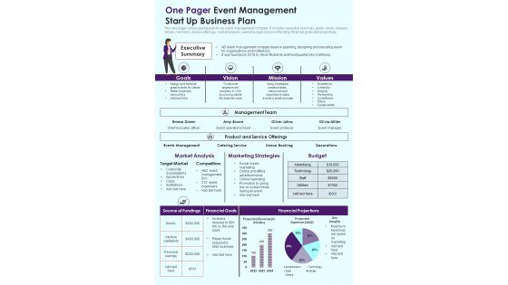 One Pager Event Management Startup Business Plan Presentation Report Infographic Ppt Pdf Document