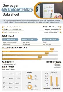 One pager event recording data sheet presentation report infographic ppt pdf document