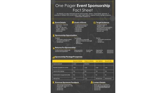 One Pager Event Sponsorship Fact Sheet Presentation Report Infographic PPT PDF Document