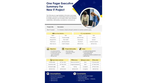 One Pager Executive Summary For New IT Project Presentation Report Infographic PPT PDF Document