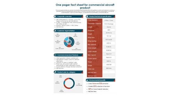 One Pager Fact Sheet For Commercial Aircraft Product Presentation Report Infographic PPT PDF Document