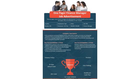 One Pager Finance Manager Job Advertisement Presentation Report Infographic PPT PDF Document